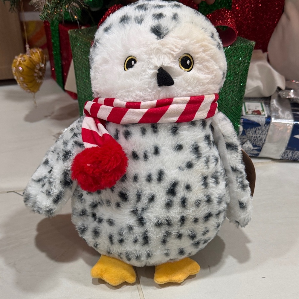 Dog Toy Plush Snowy Owl - White & Black with Red Scarf